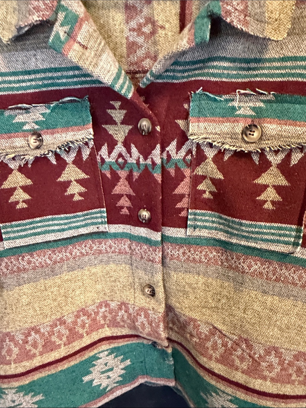 New In Aztec Native Flannel Shirt Shacket Western Blanket Jacket Raw Edge L - Picture 3 of 9